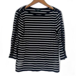Lauren Ralph Lauren Black White Striped 3/4 Lace Up Sleeve Boatneck Top Sz Large